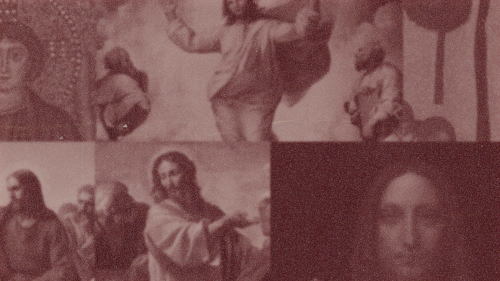 Red-toned collage of historic depictions of Jesus